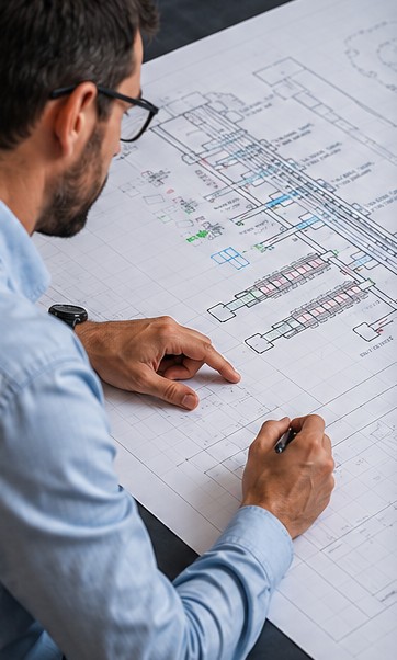 Ingénieur étudiant un plan industriel